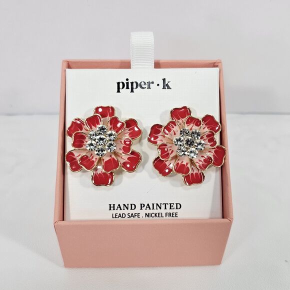 Hand Painted Red Floral Statement Earrings, Piper K, Crystal Center, Nickel Free - Picture 1 of 6